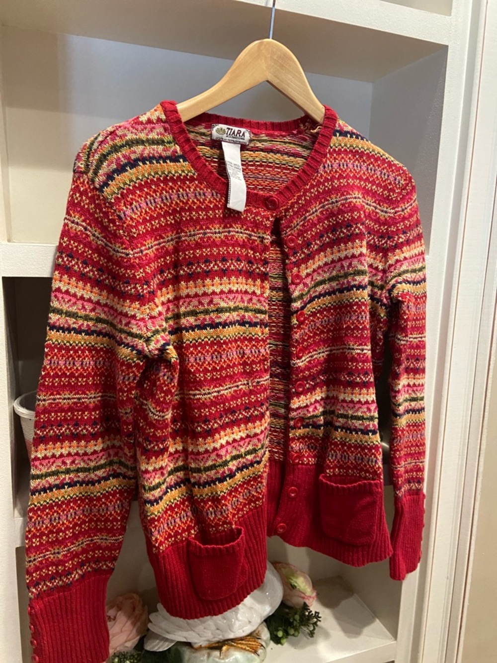 Tiara Red Multicolor Fair Isle Knit Cardigan